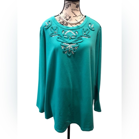 Susan Graver Artisan 2X Turquoise Green Blouse L/S Studded, Sequins, Rhinestones - Picture 1 of 6
